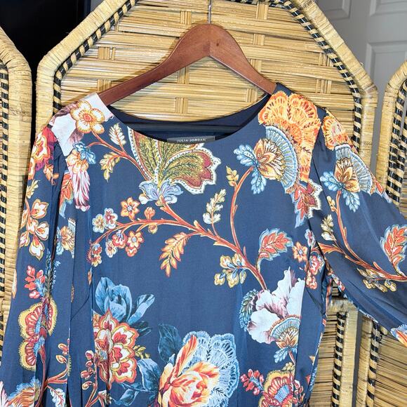 Julia Jordan Navy Floral Midi Dress Satin Finish Tie Waist plus Size 16 modest - Picture 9 of 9